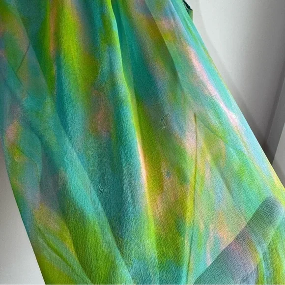 Vintage 60s Irving Nadler Watercolor Shift Dress S/M Green Sleeveless Ruffle Mod - Picture 4 of 12